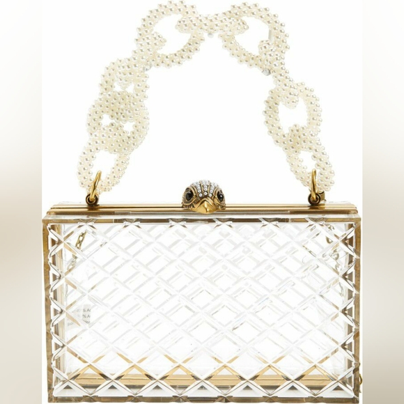Kurt Geiger Clutch Bag Gold Clear Quilted Acrylic Pearl Handle - Picture 3 of 9